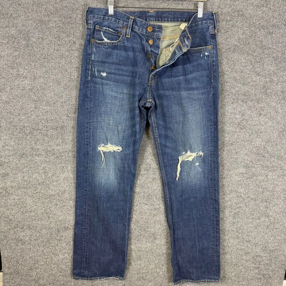 Hollister Mens Balboa Classic Straight Jeans 34x32 Distressed Ripped Button Fly